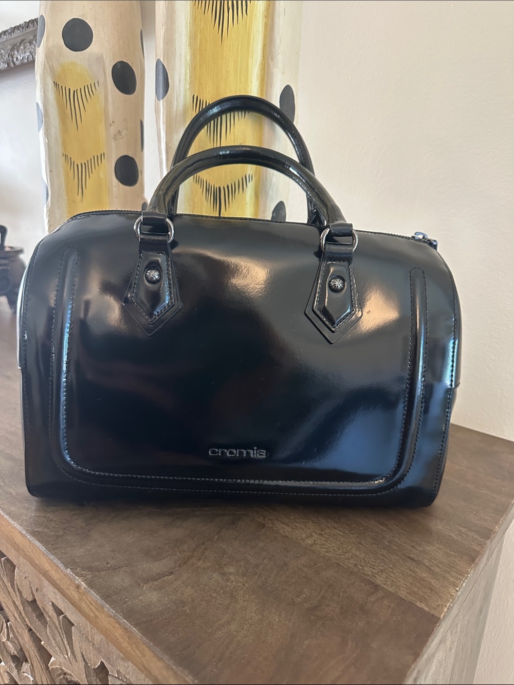 Cromia Black Patent Satchel Bag with Top Handles